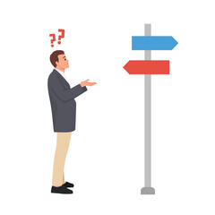 Businessman standing at cross road confused by direction signs. Flat vector illustration isolated on white background