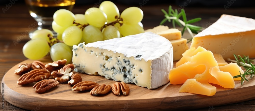 Poster top view of a cheese plate with grapes and nuts on a wooden table with copy space image.