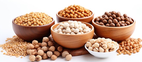 White bowl containing a variety of legumes like chickpeas and beans, accompanied by spices, laid out on a light green surface for a flat lay photograph with copy space image.