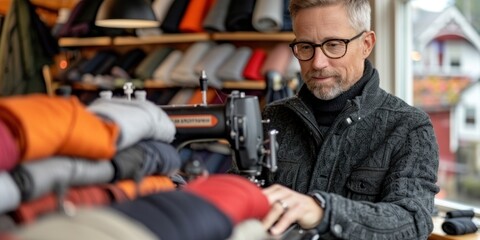 A man working on a sewing machine in his shop, focused on his craft