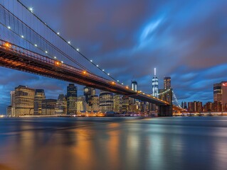 Brooklyn Bridge with Manhattan Skyline A classic shot of the Brooklyn Bridge with the Manhattan skyline in the background, preferably during the blue hour