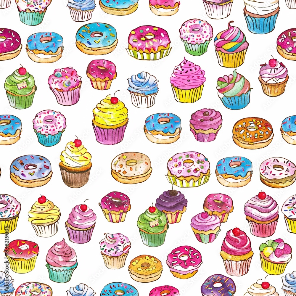 Aufkleber a seamless pattern featuring colorful cupcakes and donuts intricately arranged in a continuous desig