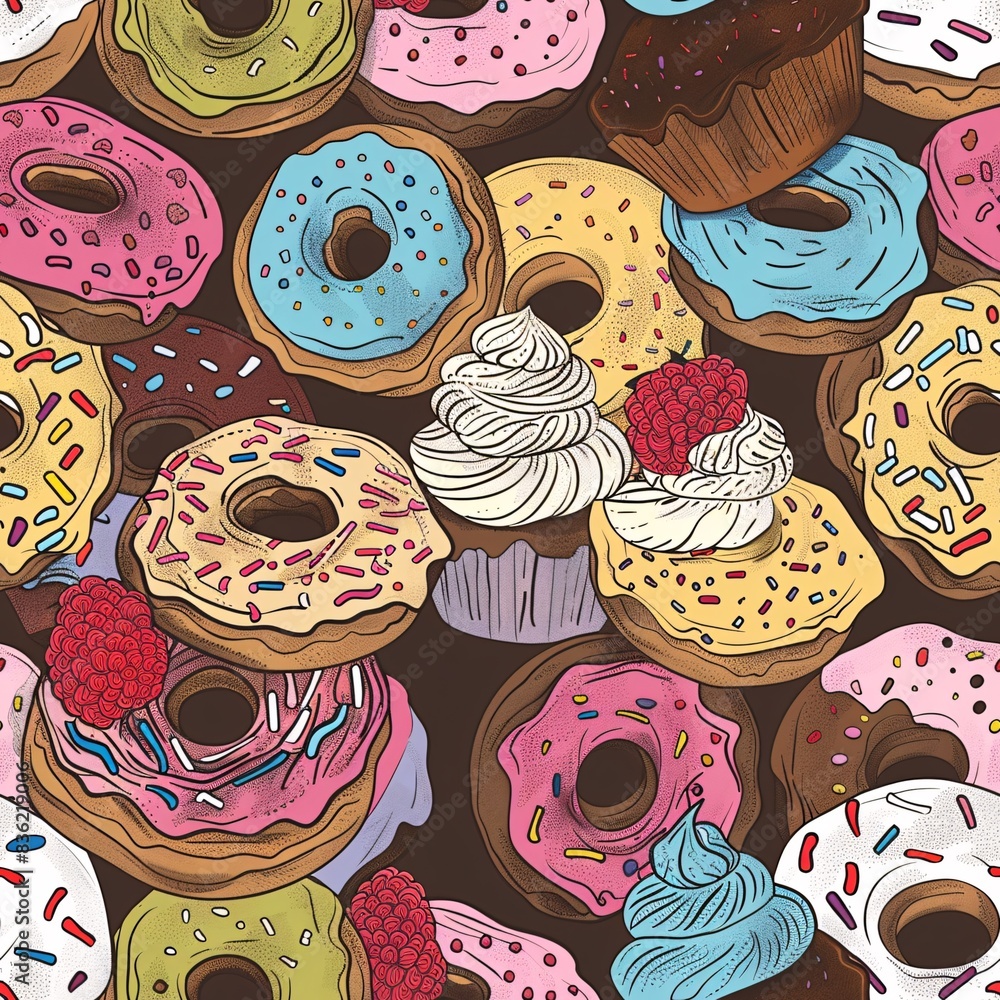 Aufkleber a seamless pattern featuring colorful cupcakes and donuts intricately arranged in a continuous desig
