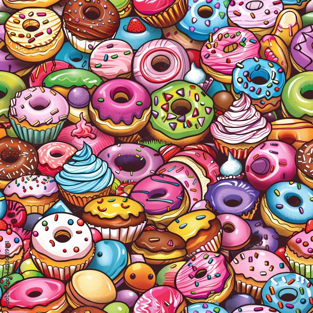 Aufkleber a seamless pattern featuring colorful cupcakes and donuts intricately arranged in a continuous desig