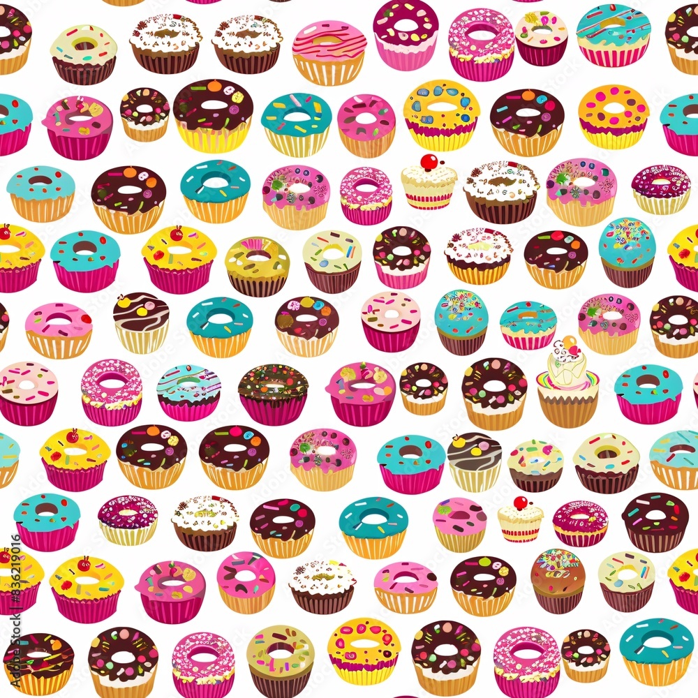 Aufkleber a seamless pattern featuring colorful cupcakes and donuts intricately arranged in a continuous desig