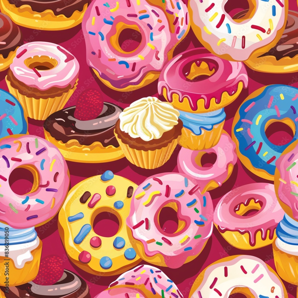Poster a vibrant seamless pattern with an assortment of cupcakes and donuts forming a fun and repetitive de