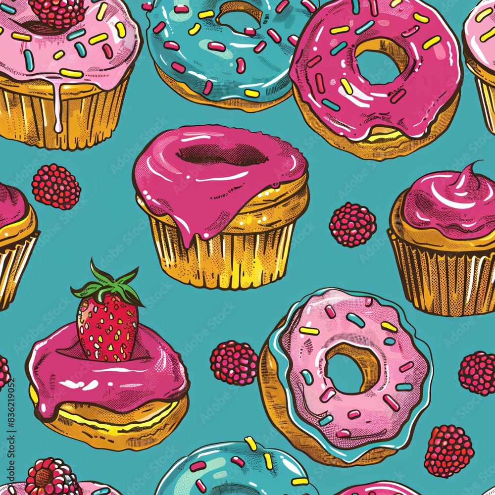 Poster a vibrant seamless pattern with an assortment of cupcakes and donuts forming a fun and repetitive de