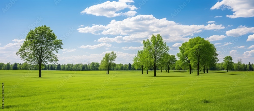 Sticker Vibrant green meadow under a clear blue sky with no clouds, creating a serene landscape with ample copy space image.