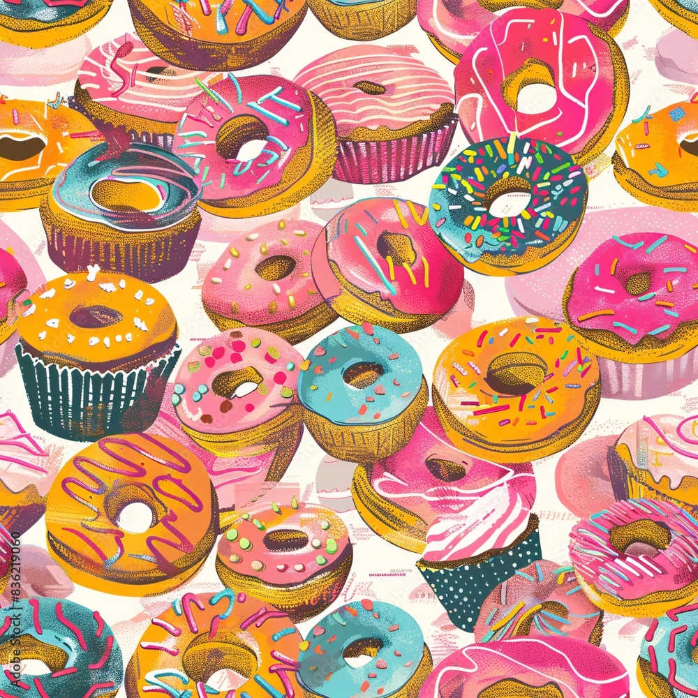 Poster a vibrant seamless pattern with an assortment of cupcakes and donuts forming a fun and repetitive de