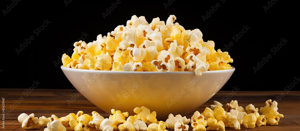 Poster a bowl of salted popcorn set on a rustic table with a copy space image.