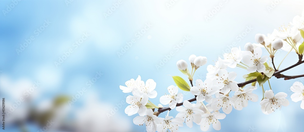 Poster spring background with a blossoming tree and butterfly in a blurred setting, perfect for a copy spac