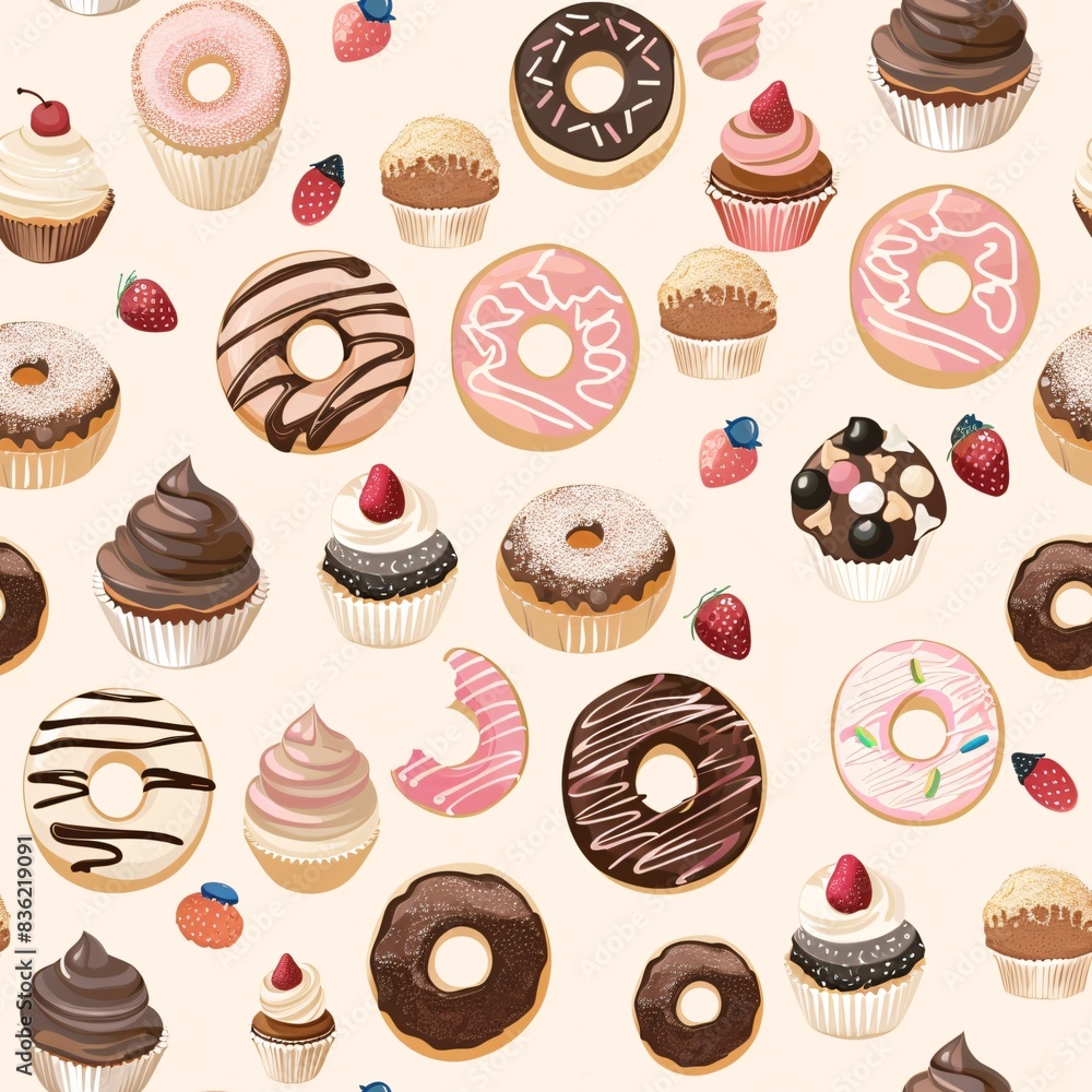 Aufkleber a seamless pattern of various cupcakes and donuts, harmoniously blended to create an intricate and c