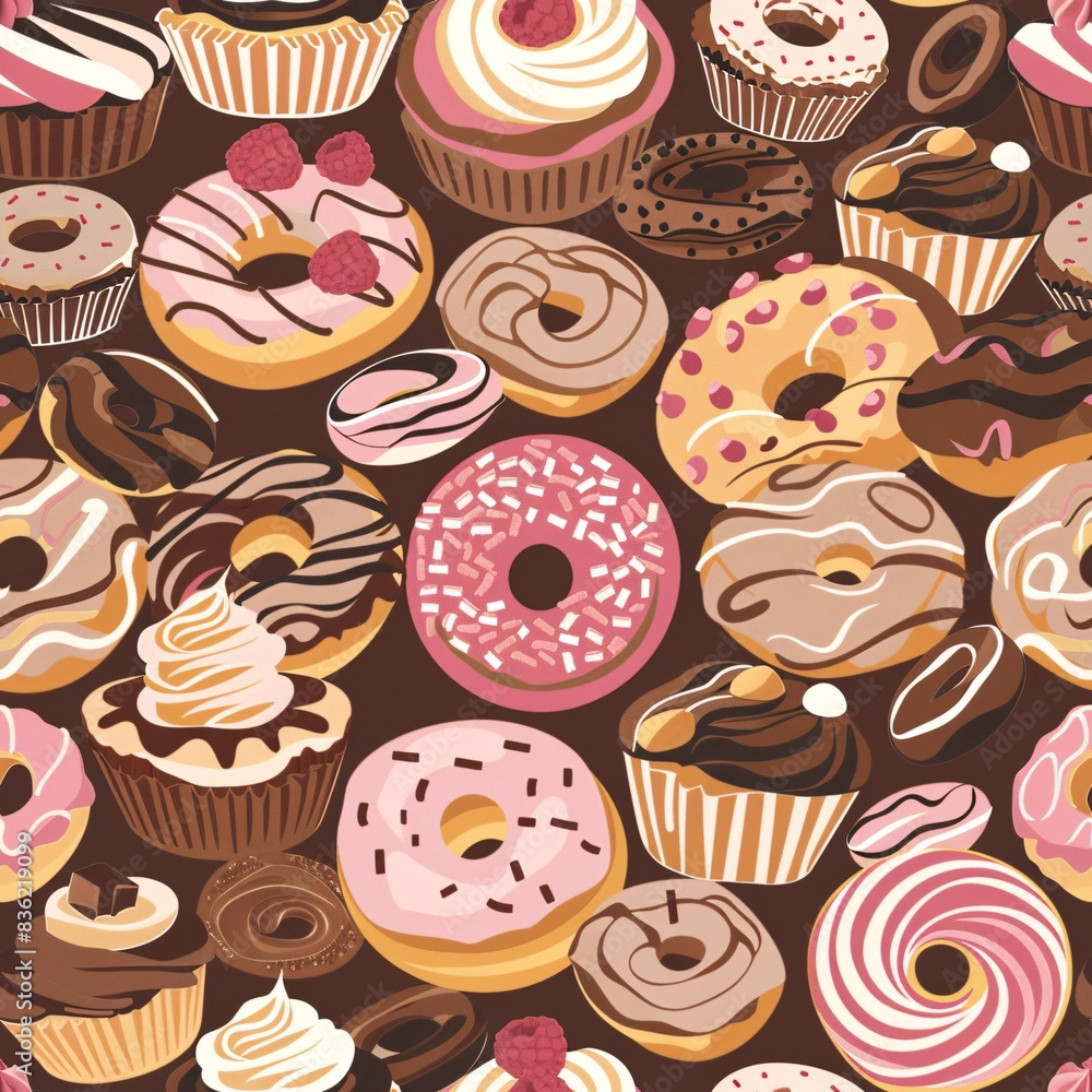 Aufkleber a seamless pattern of various cupcakes and donuts, harmoniously blended to create an intricate and c