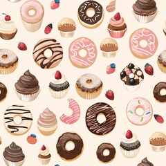 A seamless pattern of various cupcakes and donuts, harmoniously blended to create an intricate and continuous layout
