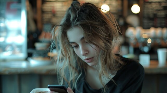A waitress attentively uses her mobile phone in the ambient setting of a coffee shop.