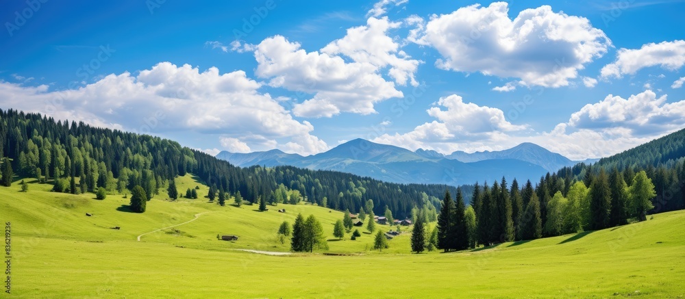 Poster scenic mountain landscape with dark blue skies and fluffy clouds, ideal for adding text or images wi