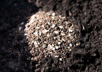 Granular fertilizer on soil. Fertilizer in hole before planting a plant or transplanting. 12-16-12 all-purpose fertilizer formula to replenish nutrients and minerals for plants. Selective focus.