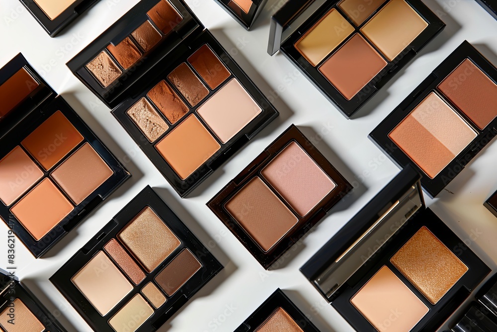 Aufkleber A flat lay image of various contouring palettes and highlighters displayed in a neat and organized manner. Generative AI