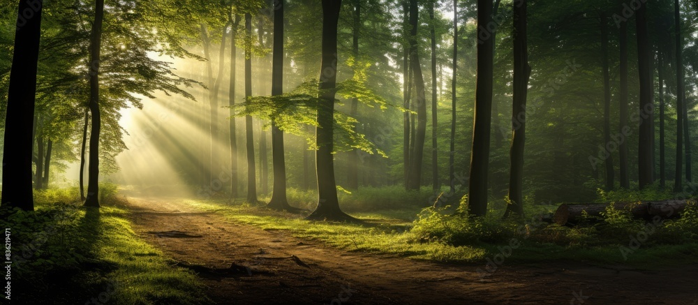 Poster sunlight filtering through a picturesque forest of beech trees, with ferns blanketing the ground, cr