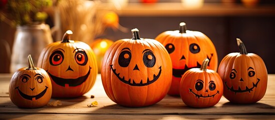 Children happily engaged in a Halloween art lesson at home, with a colorful and festive ambiance; featuring a pleasing background with copy space image.