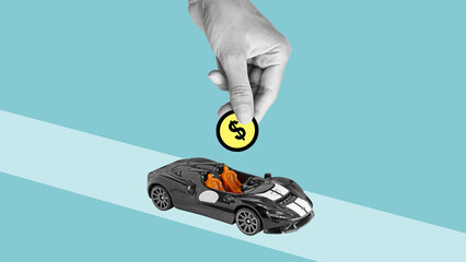 Car title loans. Saving money for car concept, trade car for cash concept. Collage with car and the...