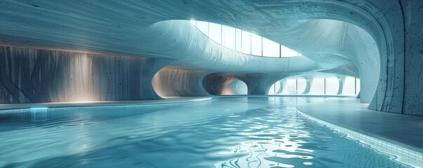 Modern fitness trend, aqua spinning in a minimalist aquatic center, streamlined design enhancing the workout experience