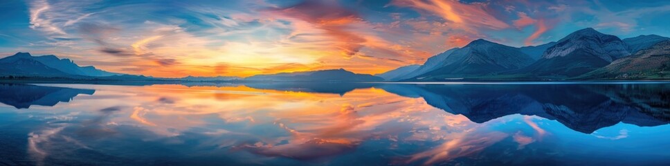 panoramic view of colorful sunset over calm sea lake with mountain range background