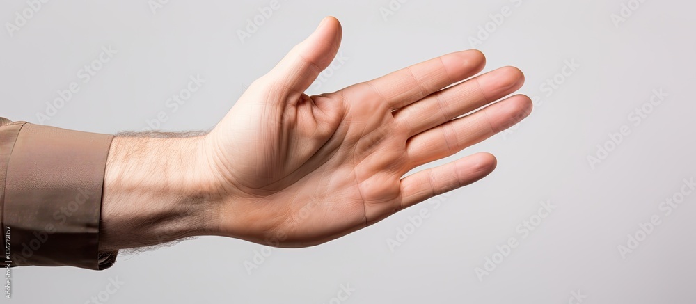 Poster close-up image of a man with a copy space image, holding an item against a white backdrop.