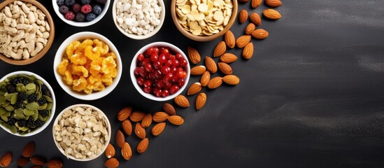 Close-up image displaying a variety of superfood breakfast bars comprised of oats, nuts, and berries placed on a table background with empty space for text or graphics - a superfood concept captured