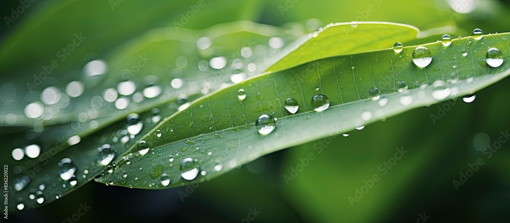 Poster macro image of rainwater drops on a lush green leaf with dew glistening in the sunlight, showcasing 