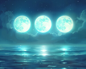3 moons on a cloudy background