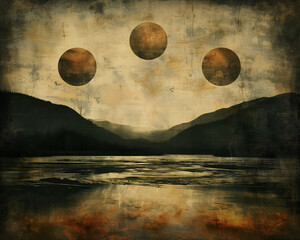 3 moons on a cloudy background