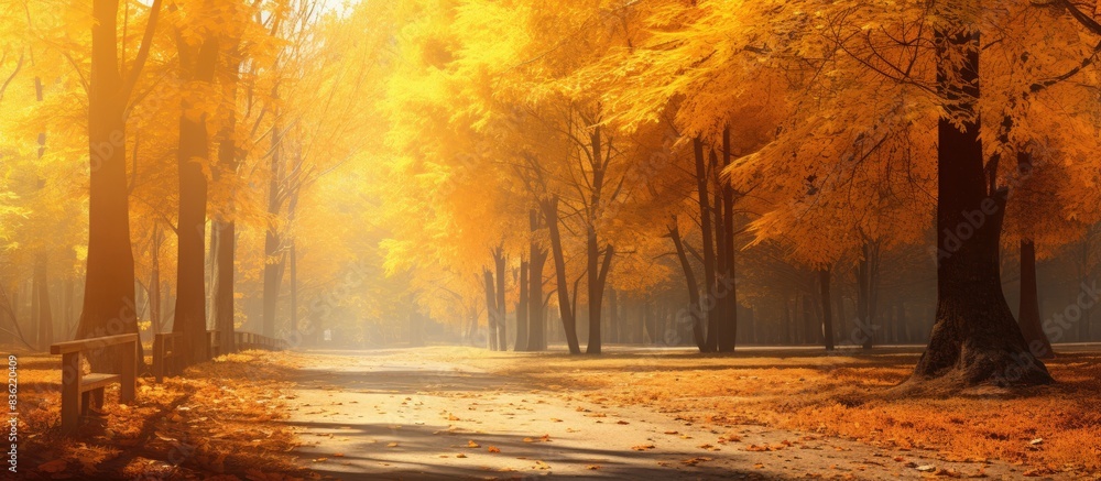 Poster assortment of vibrant autumn leaves in shades of green, yellow, orange, and red with a blank space f