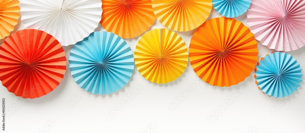 Wall mural an orange paper fan stands alone on a white backdrop, leaving a blank space for adding images. copy 