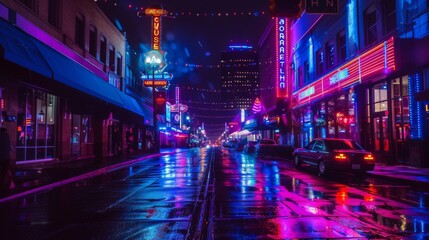 Obraz premium Night neon street at city downtown. Cityscape on dark background with bright and glowing neon lights
