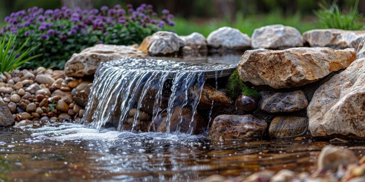 A small waterfall flows over rocks in a garden