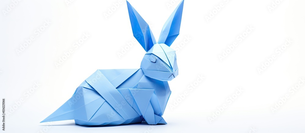 Wall mural blue rabbit origami on white backdrop with copy space image.