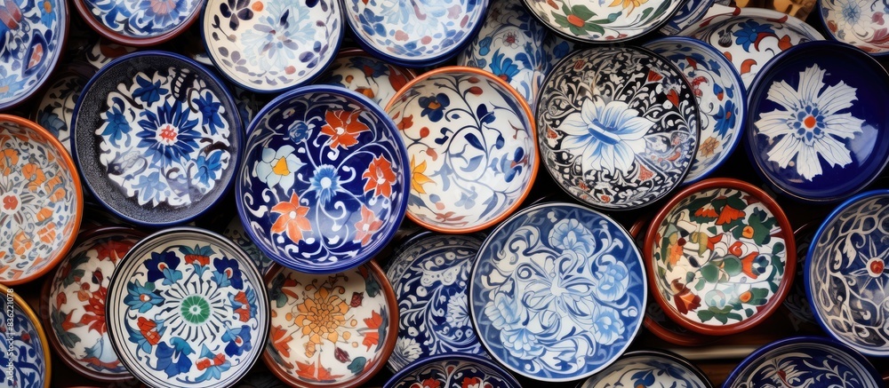 Poster turkish pottery with vibrant colors and intricate patterns, perfect for a copy space image.