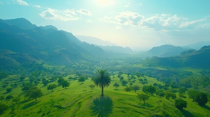 A serene valley with a solitary palm tree against lush greenery and distant mountains under a clear sky.