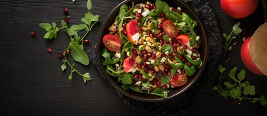 Healthy vegan cuisine featuring a spinach salad adorned with cucumbers, tomatoes, onions, pomegranate, sesame seeds, and cashew nuts set on a black backdrop. Viewed from above with copy space image.