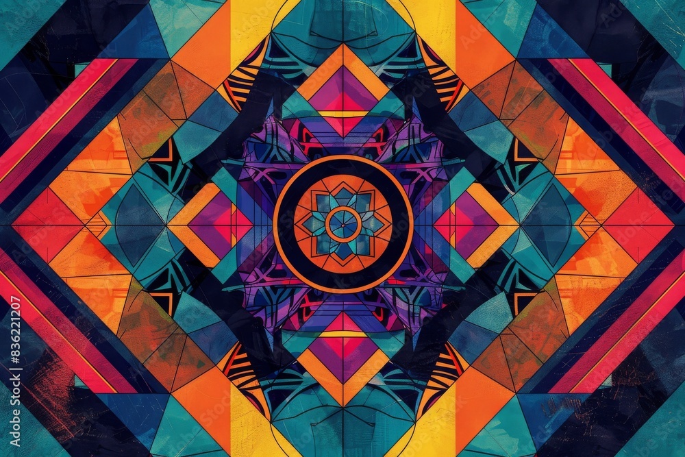 Poster vibrant geometric abstract pattern with bold colors and intricate symmetrical designs for modern dig
