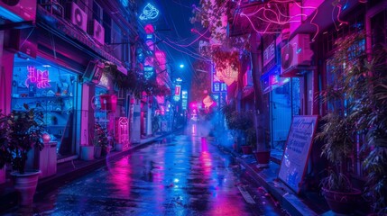 Night neon street at city downtown. Cityscape on dark background with bright and glowing neon lights