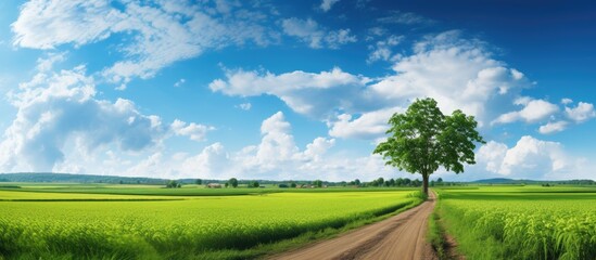 Scenic country road leading to a village surrounded by farms and fields with ample copy space image.