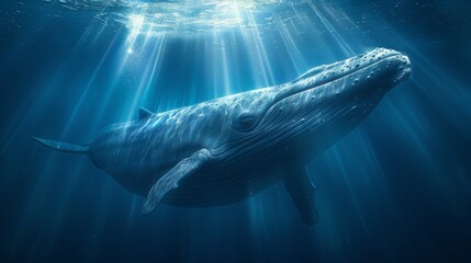 High perspective view of a sperm whale swimming in the deep blue ocean with sunlight filtering through the water.