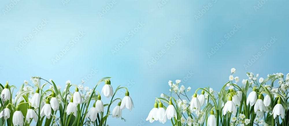 Poster flat lay creative layout with snowdrop flowers on a vivid blue backdrop, embodying a minimalist spri