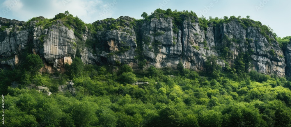 Poster a picture of trees, rocks, and stones on a mountain with a white background is available for use as 