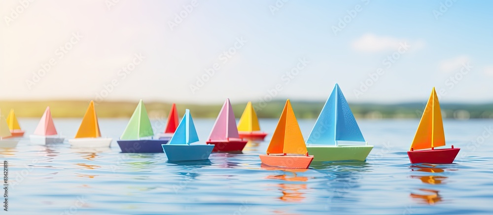 Poster a collection of origami boats arranged neatly on a wooden table with copy space image.