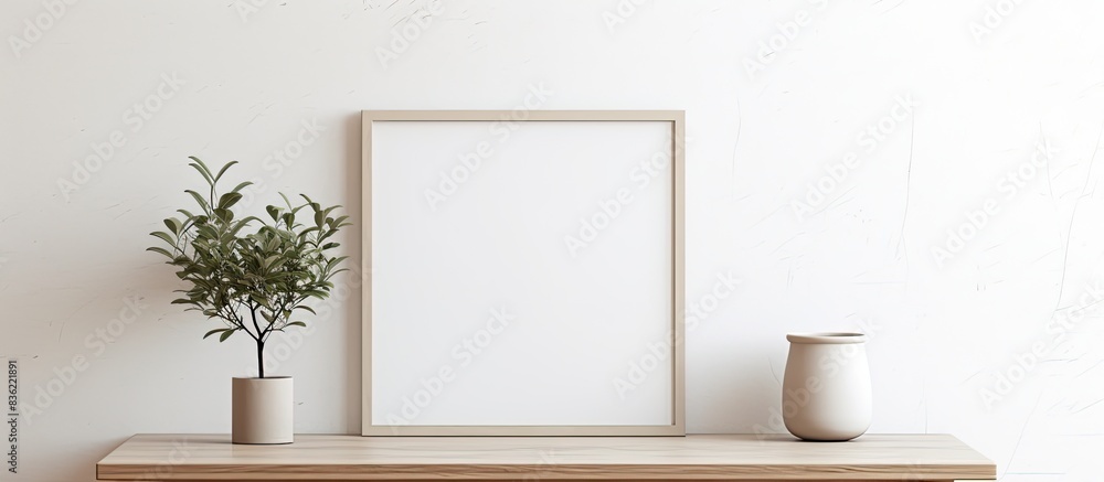 Poster white framed mock-up alongside dry twigs in a vase, displayed on a bookshelf or desk, with a white c