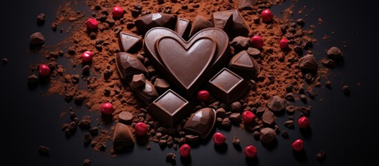 Cocoa powder in shape of a heart on broken chocolate bar against black backdrop with copy space image.