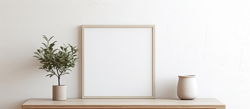White framed mock-up alongside dry twigs in a vase, displayed on a bookshelf or desk, with a white color scheme and copy space image.